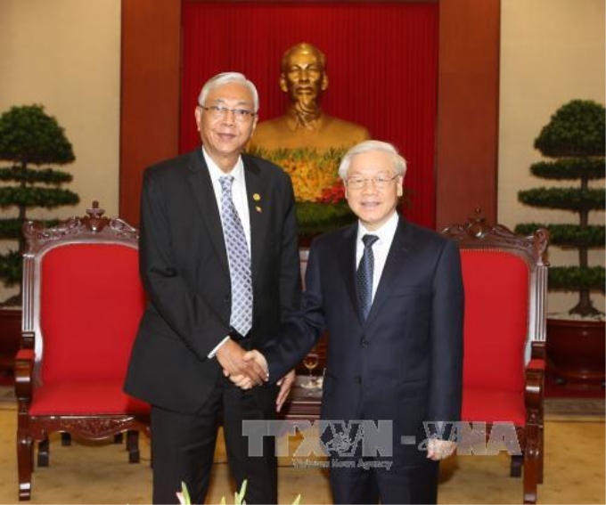 Hình ảnh Tổng Bí thư Nguyễn Phú Trọng và Tổng thống Cộng hòa Liên bang Myanmar Htin Kyaw trong chuyến thăm cấp Nhà nước. Ảnh: Trí Dũng/TTXVN